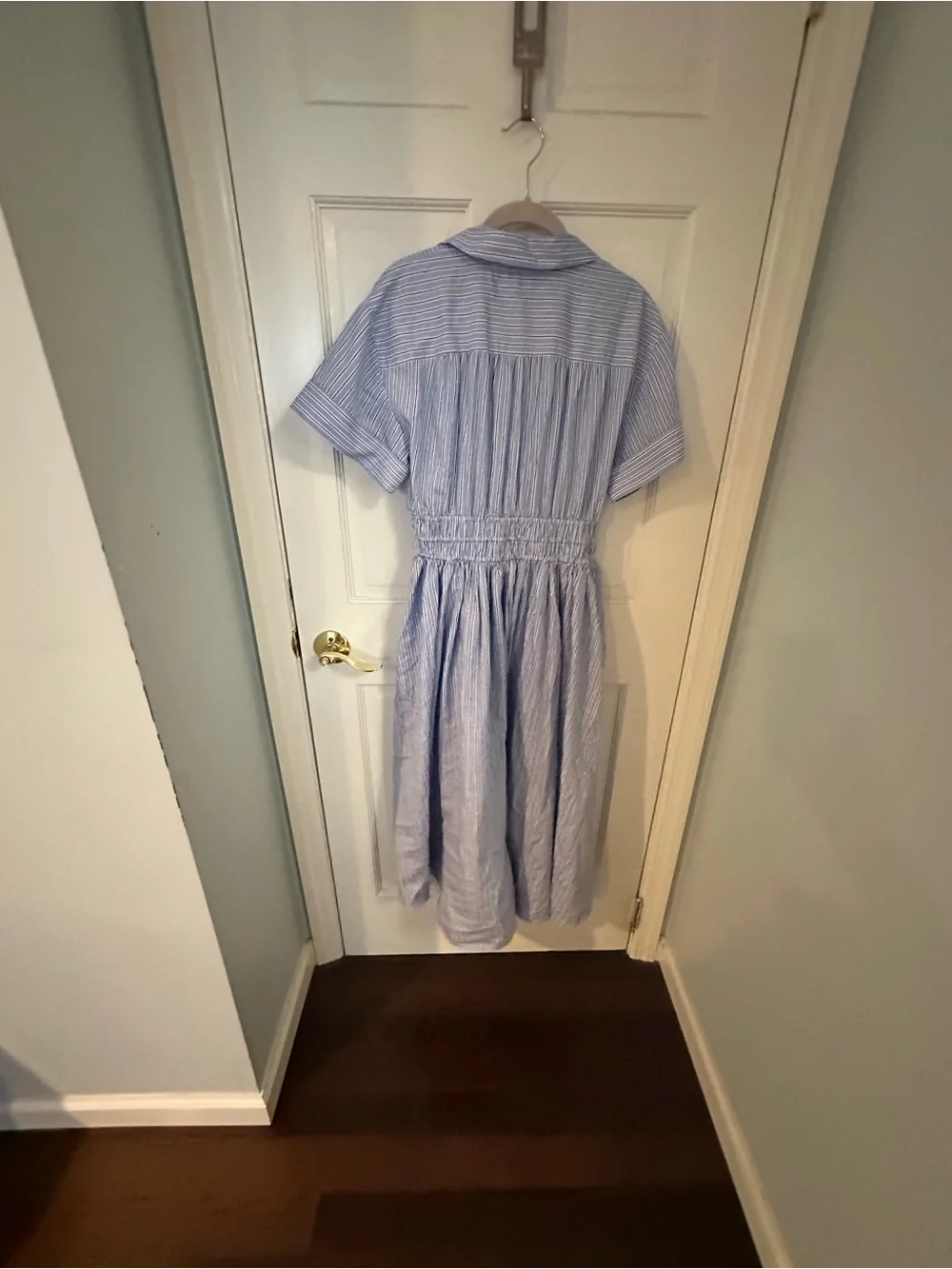 J. Crew Elena dress.  Light Blue Striped Maxi Shirtdress with Cinched Waist